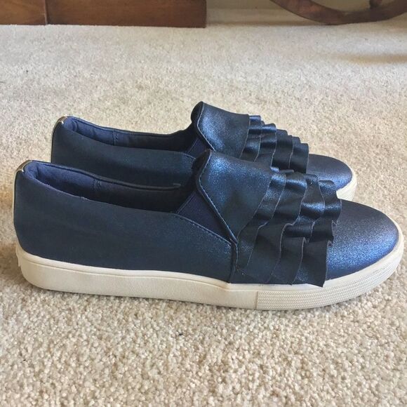 Kenneth Cole Metallic Navy Blue Ruffled Slip-On Shoes - Picture 2 of 10